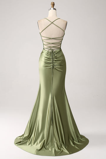 Army Green Mermaid Cowl Neckline Sequin Long Ball Dress With Slit